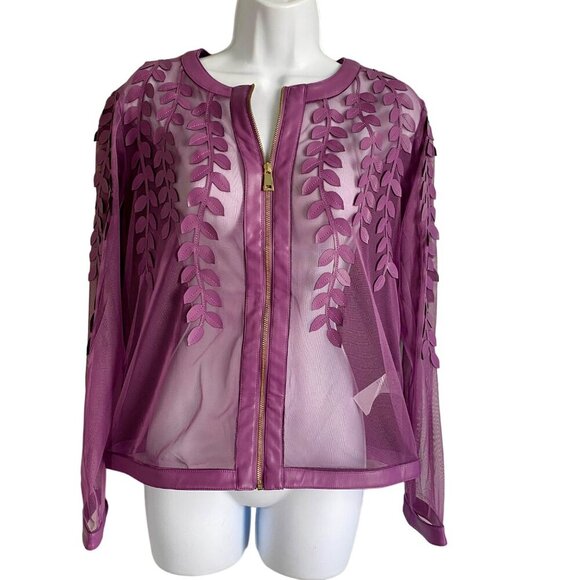 Colleen Lopez Purple Mesh Jacket Leaf Pattern and Faux Leather Women's XS NEW - Picture 2 of 13